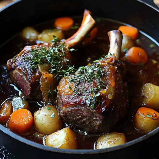 Braised Lamb Shanks with Aromatic Herb Gravy and Root Vegetables