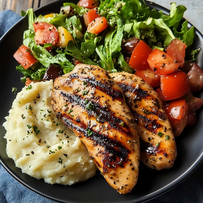 Grilled Garlic Herb Chicken with Creamy Mashed Potatoes & Fresh Garden Salad