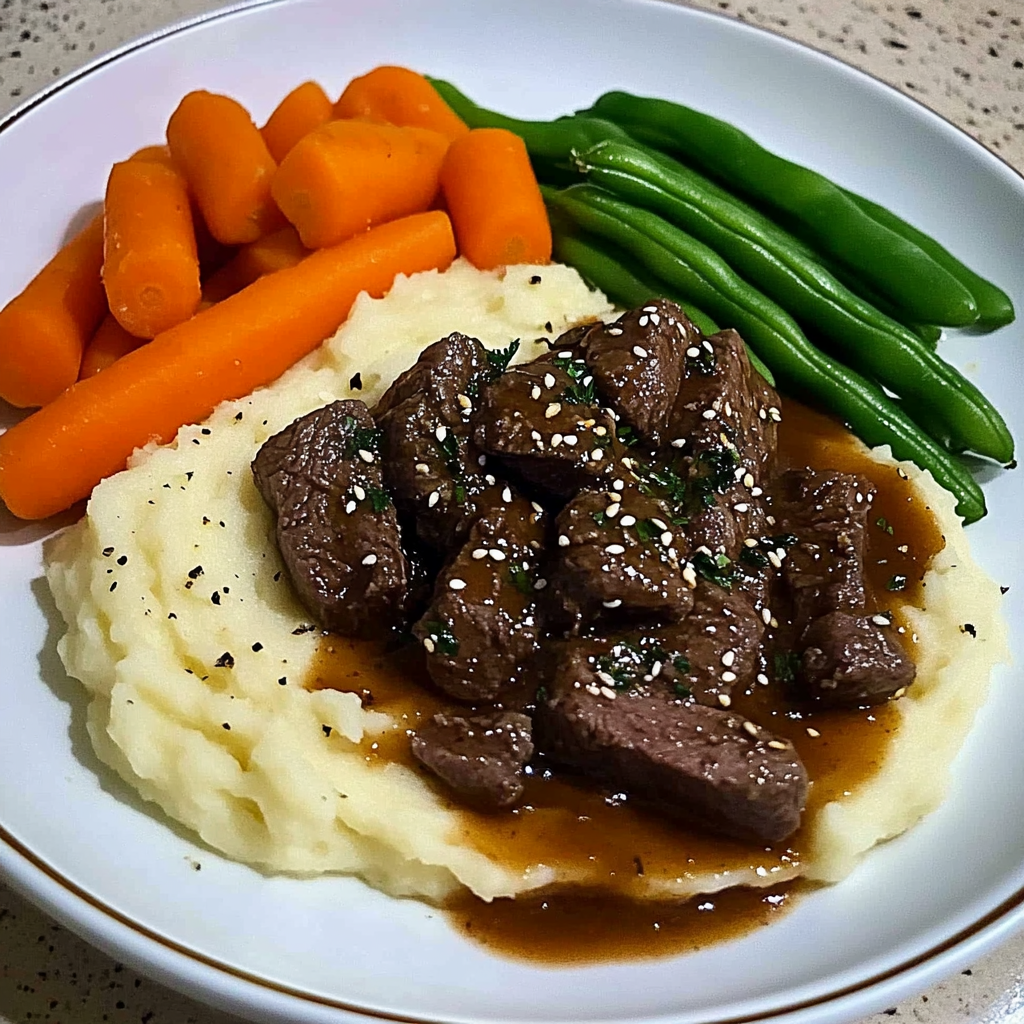 Savory Beef Plate with Mash, Carrots & Green Beans