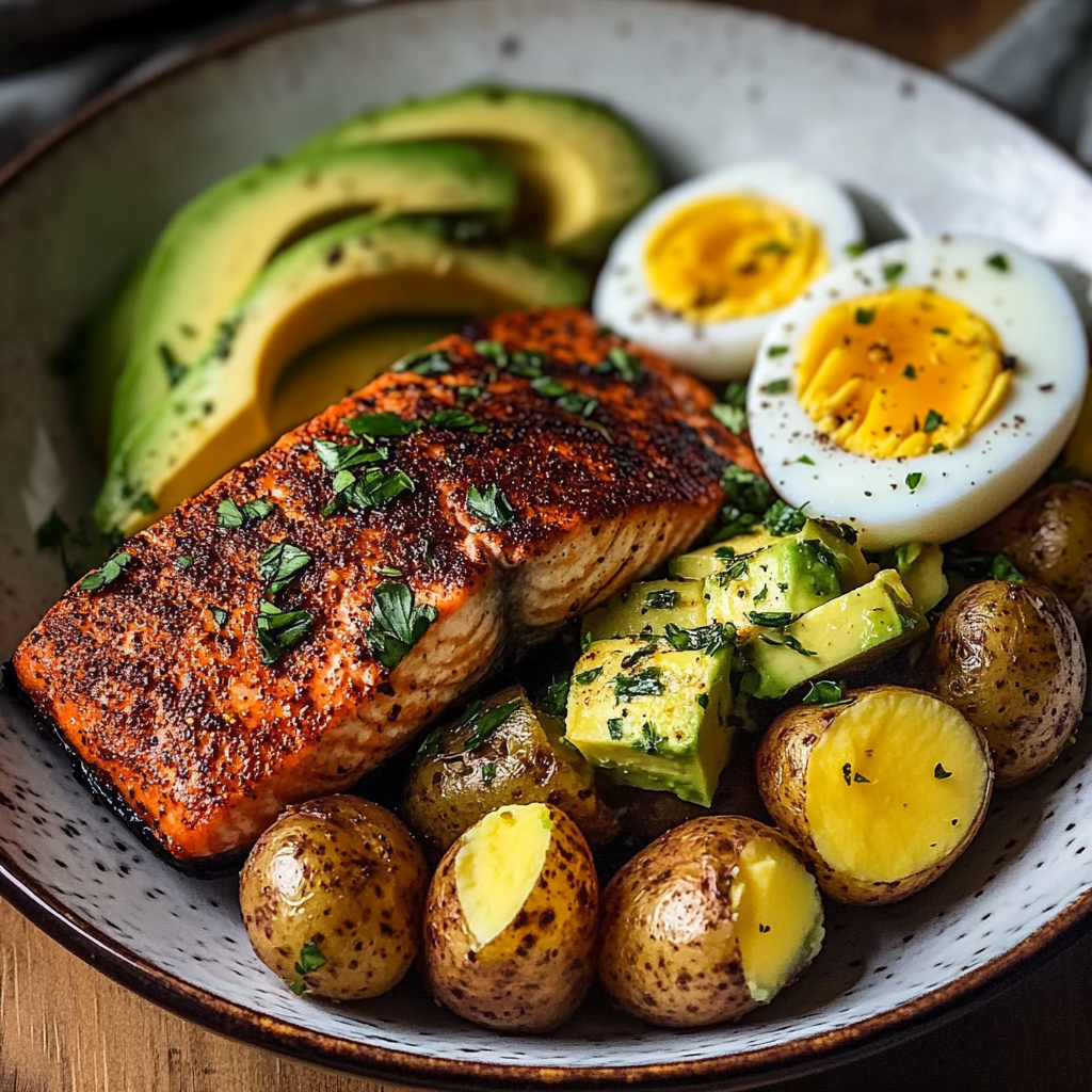 Spiced Salmon with Garlic Herb Potatoes, Avocado & Soft-Boiled Eggs
