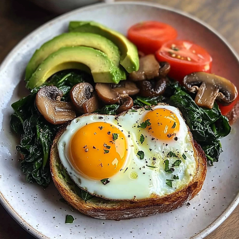 Sunny Eggs with Sauted Spinach, Mushrooms & Avocado Toast